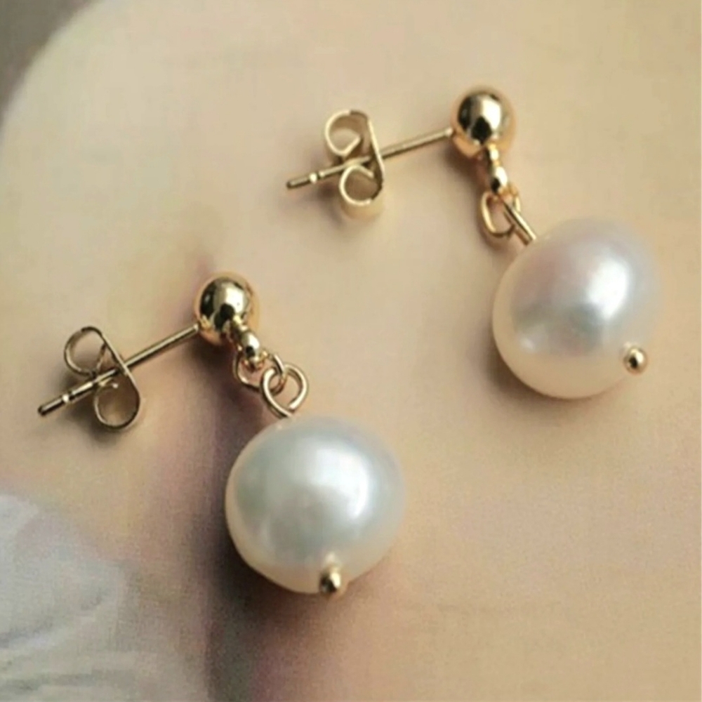 White Baroque South Sea Pearl 18k Gold Filled Dangle Drop Stud Earrings Womens